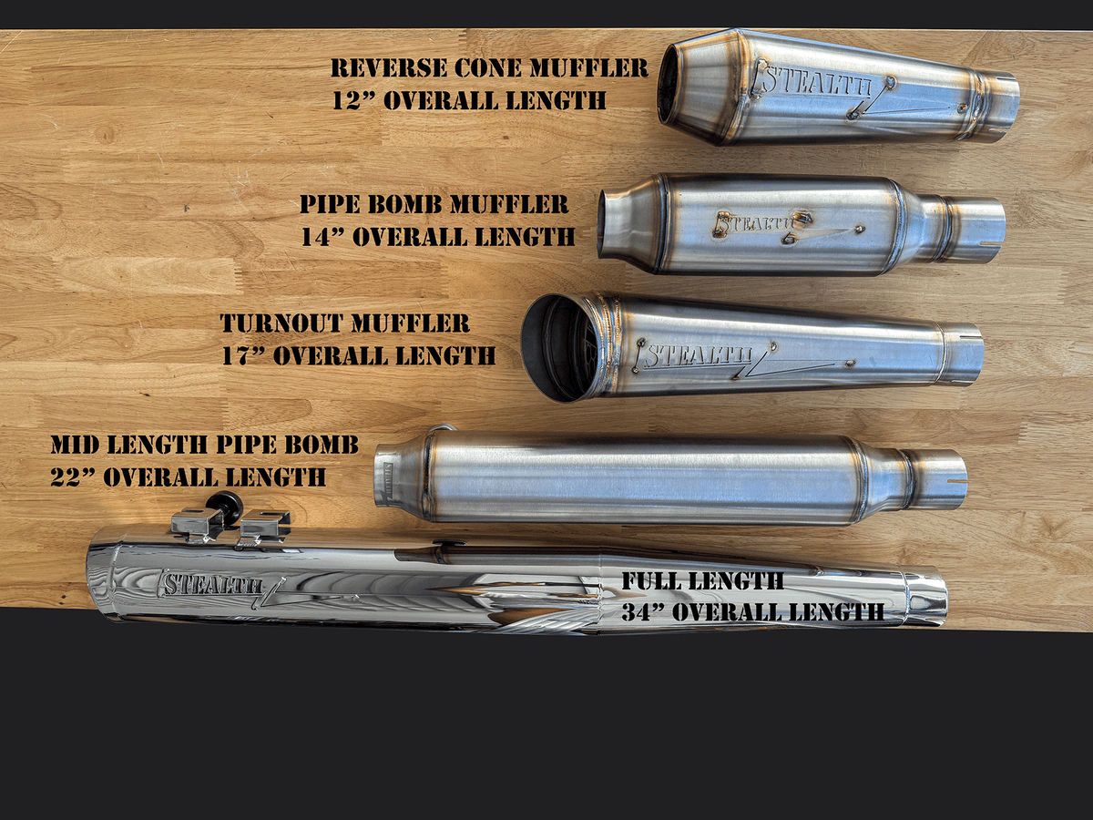 All Stealth Pipes Mufflers with Overall Lengths Reverse Cone Pipe Bomb Turnout Mid Length Full Length, photo 9 of 12