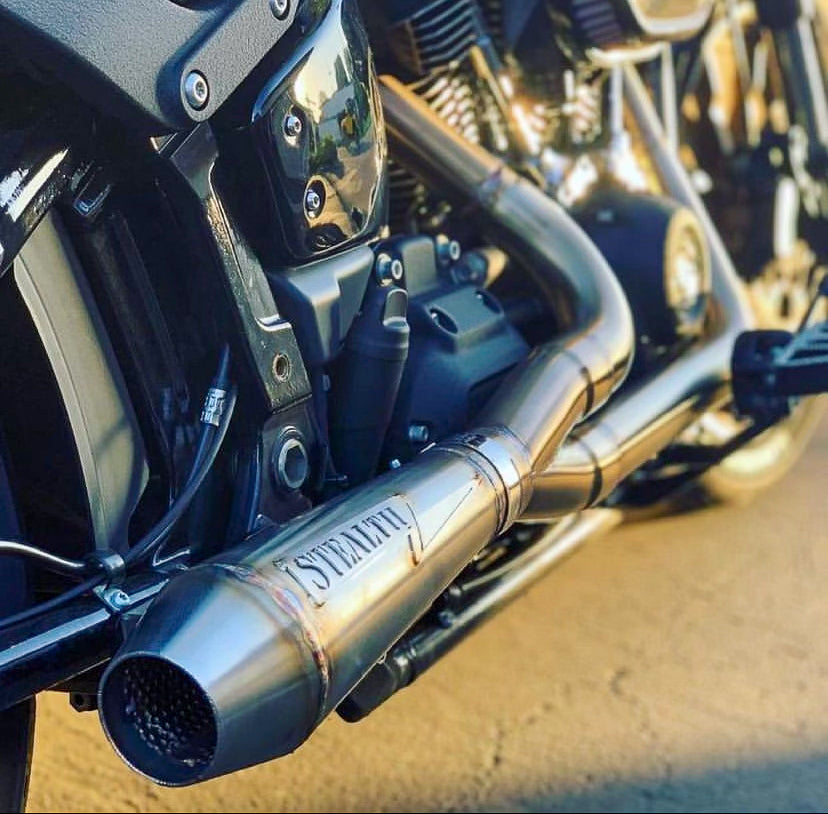 Stealth Pipes exhaust system installed on Harley M8 Softail – rear-side view of muffler and headers (2017–2025), photo 21 of 36