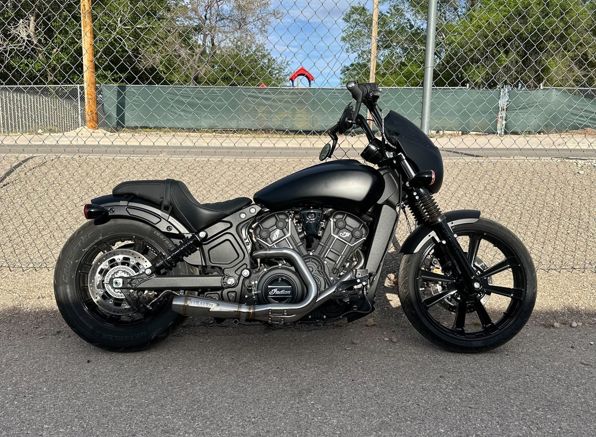 Indian Scout motorcycle with Stealth Pipes exhaust system installed – stainless muffler and headers, photo 1 of 21