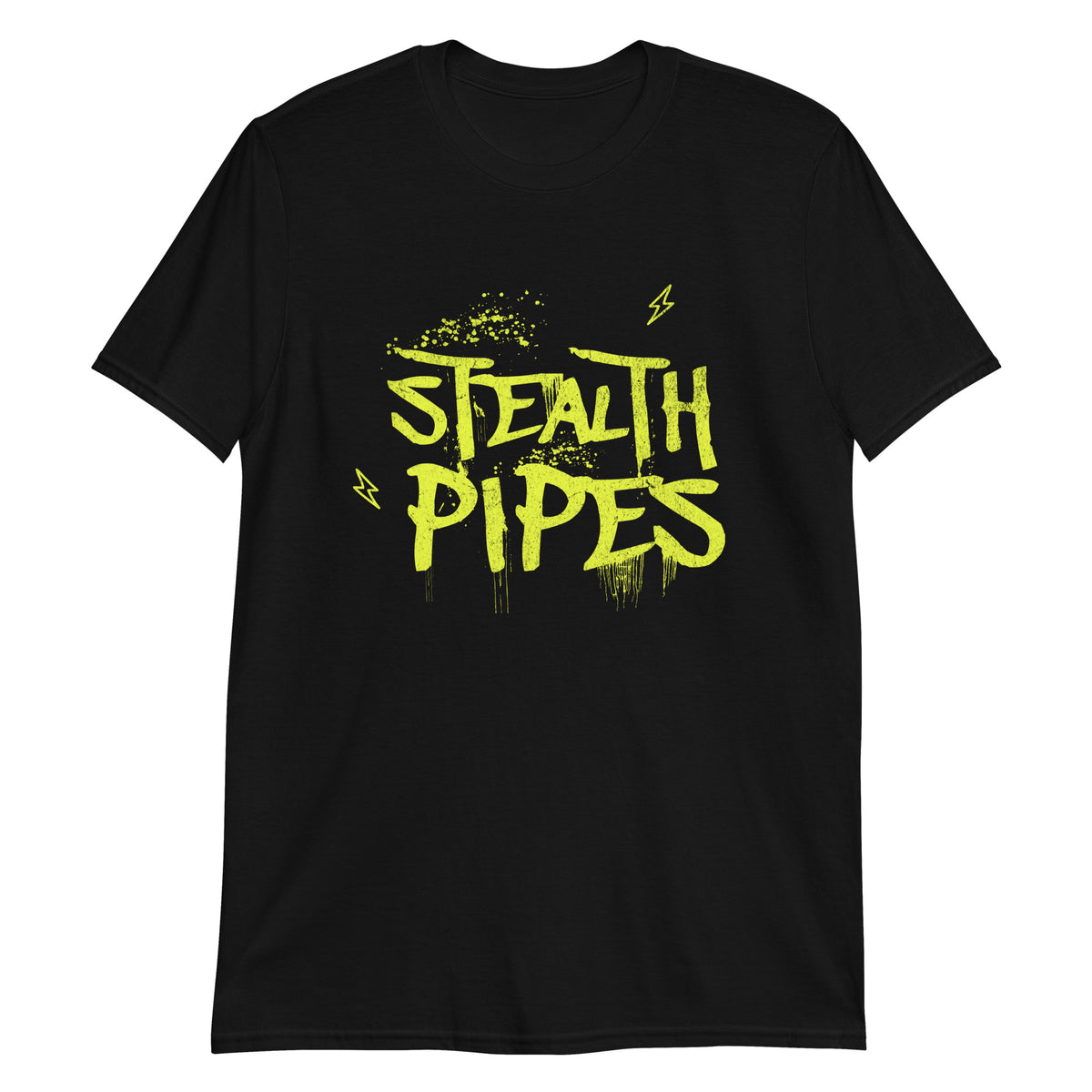 Stealth Pipes Rockstar T-shirt in black – neon yellow graffiti-style logo, photo 1 of 4