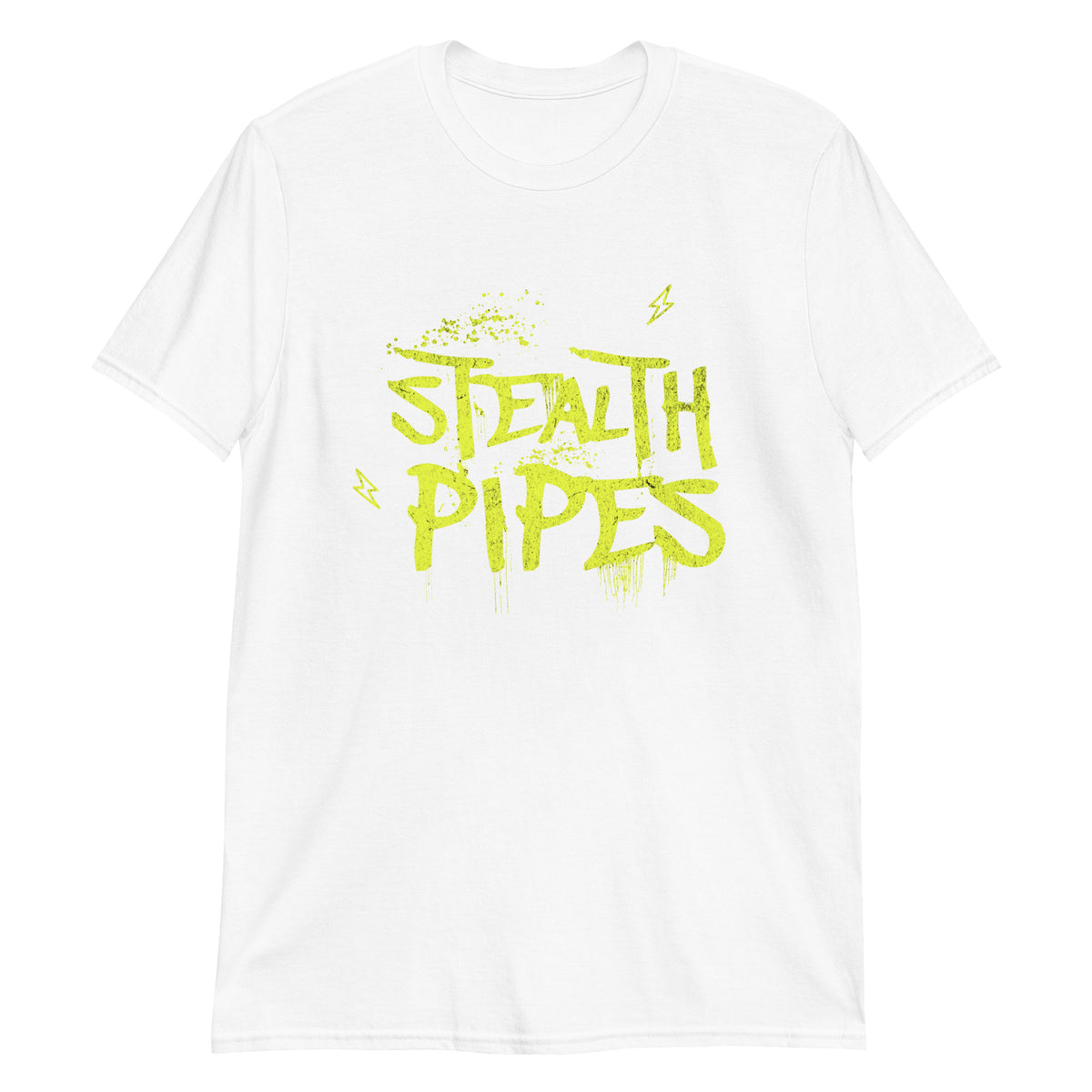 Stealth Pipes Rockstar T-shirt in white – neon yellow graffiti-style design, photo 4 of 4
