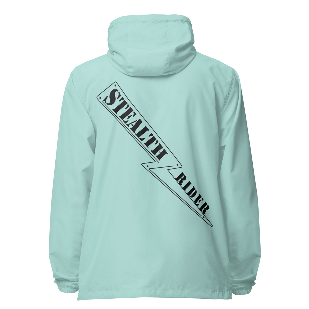 A high-visibility mint windbreaker with 'STEALTH RIDER' text on the back, featuring a hood, zippered front, and welt pockets., photo 22 of 24