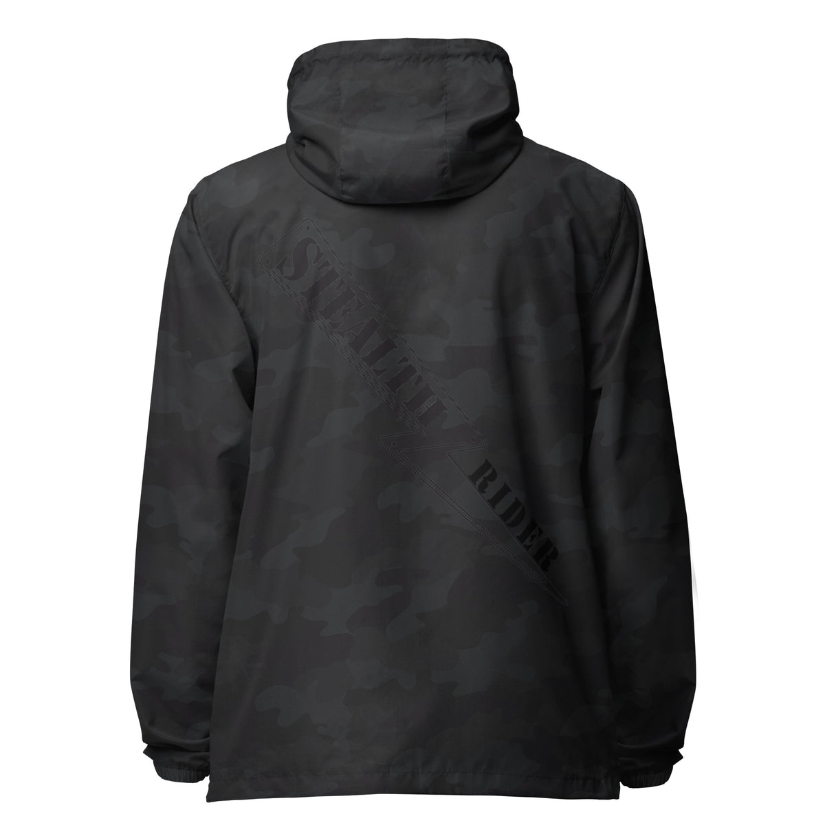 A high-visibility dark camo windbreaker with 'STEALTH RIDER' text on the back, featuring a hood, zippered front, and welt pockets., photo 16 of 24