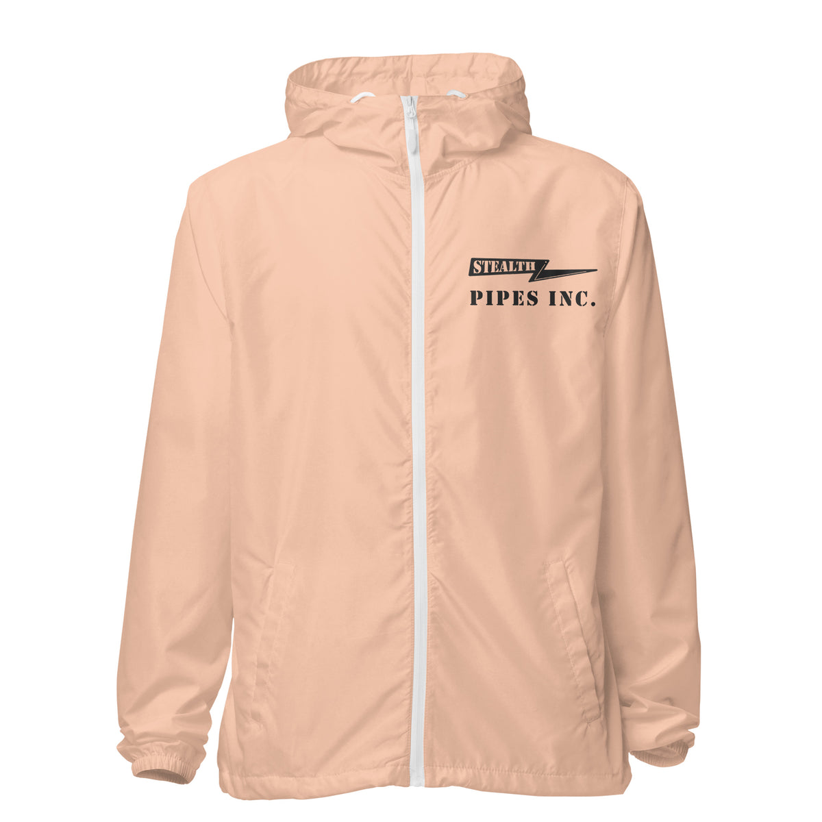 A high-visibility peach windbreaker with 'STEALTH RIDER' text on the back, featuring a hood, zippered front, and welt pockets., photo 19 of 24