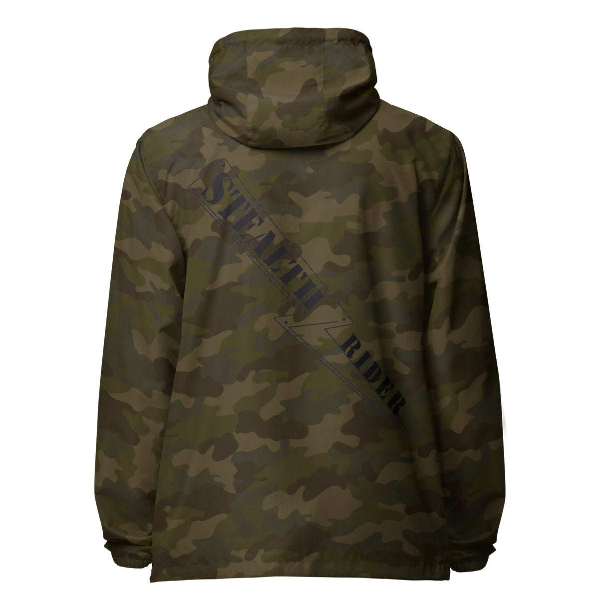 A high-visibility camo windbreaker with 'STEALTH RIDER' text on the back, featuring a hood, zippered front, and welt pockets., photo 12 of 24