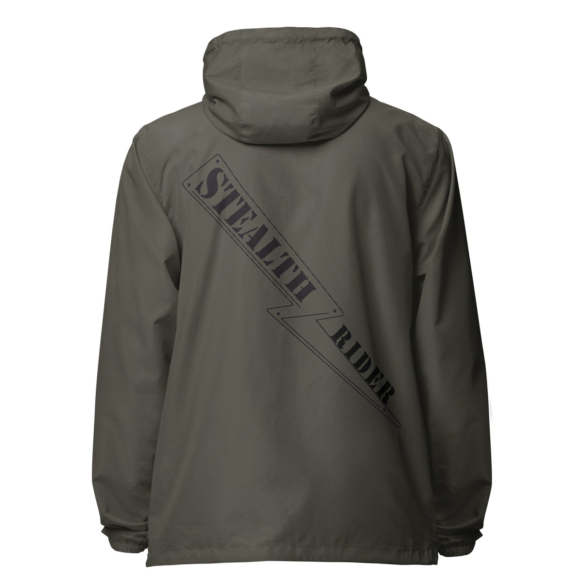 A high-visibility olive windbreaker with 'STEALTH RIDER' text on the back, featuring a hood, zippered front, and welt pockets., photo 14 of 24
