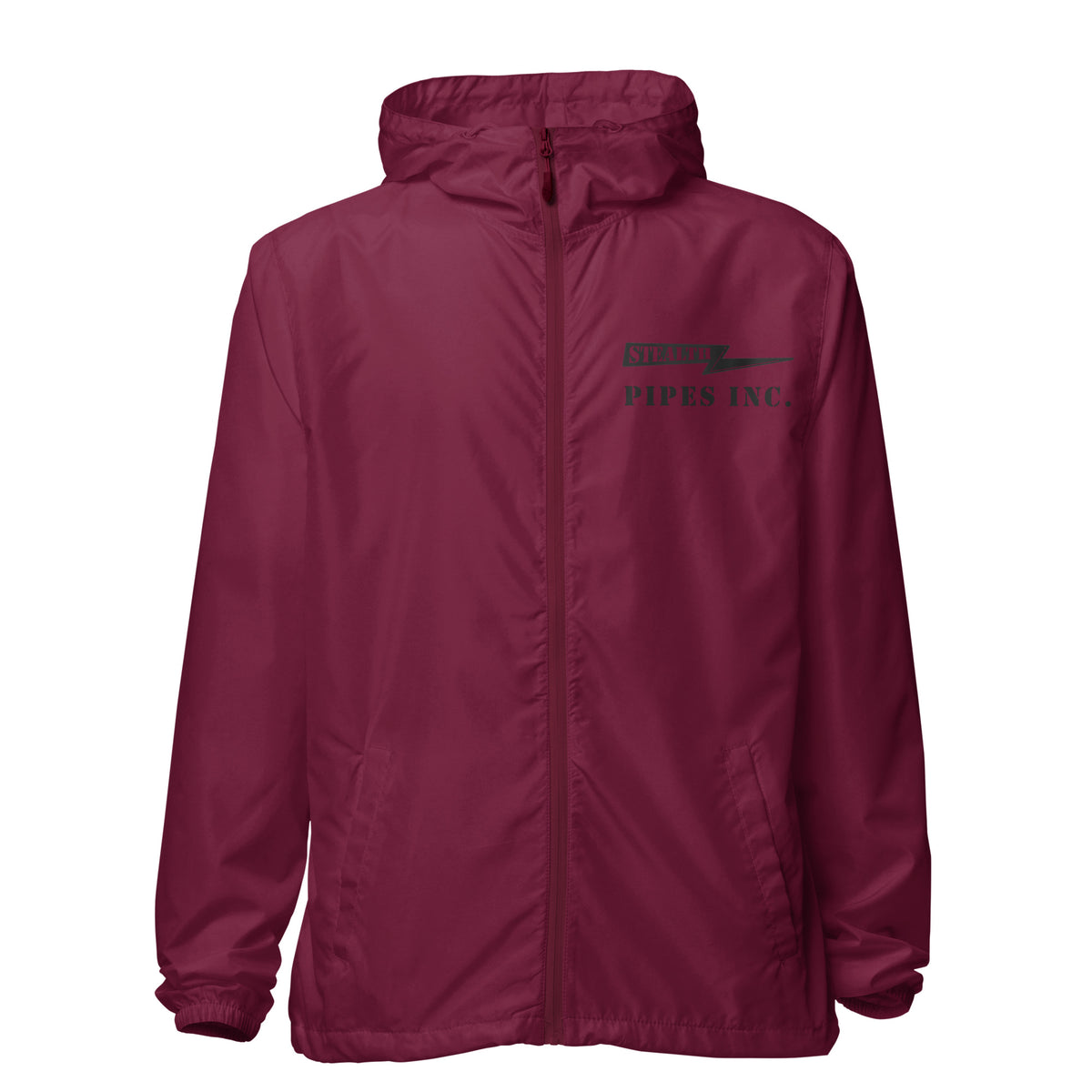 A high-visibility red windbreaker with 'STEALTH RIDER' text on the back, featuring a hood, zippered front, and welt pockets., photo 7 of 24