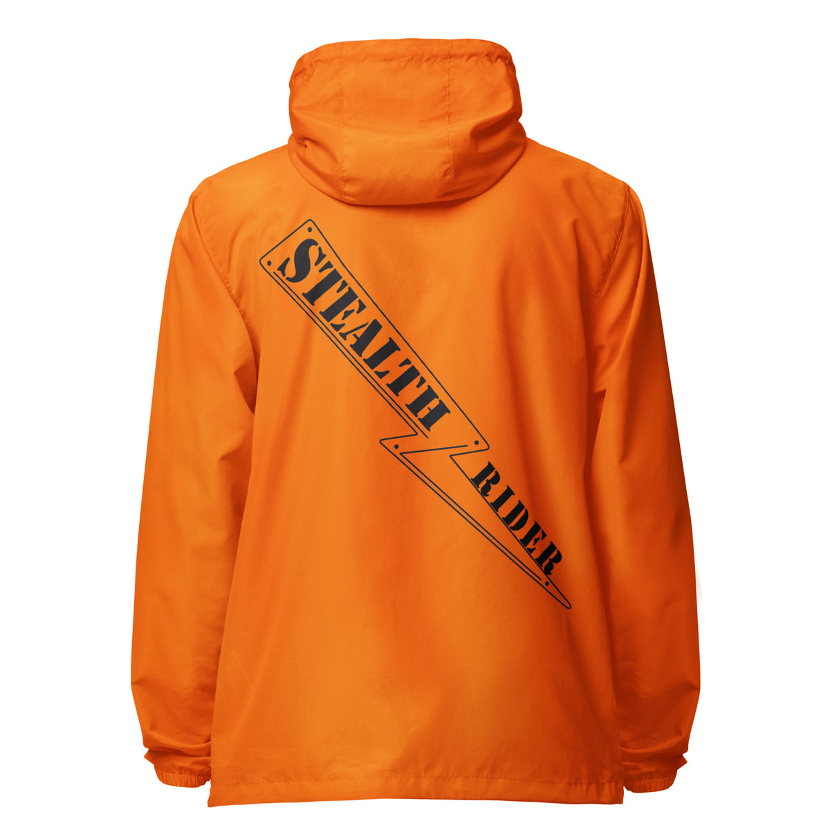 A high-visibility orange windbreaker with 'STEALTH RIDER' text on the back, featuring a hood, zippered front, and welt pockets., photo 18 of 24
