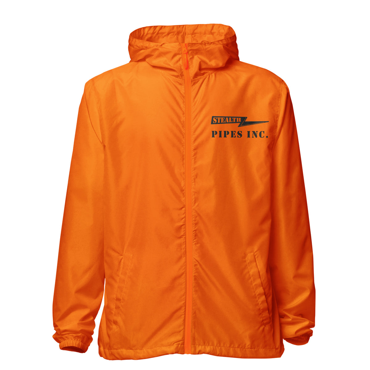 A high-visibility orange windbreaker with 'STEALTH RIDER' text on the back, featuring a hood, zippered front, and welt pockets., photo 17 of 24