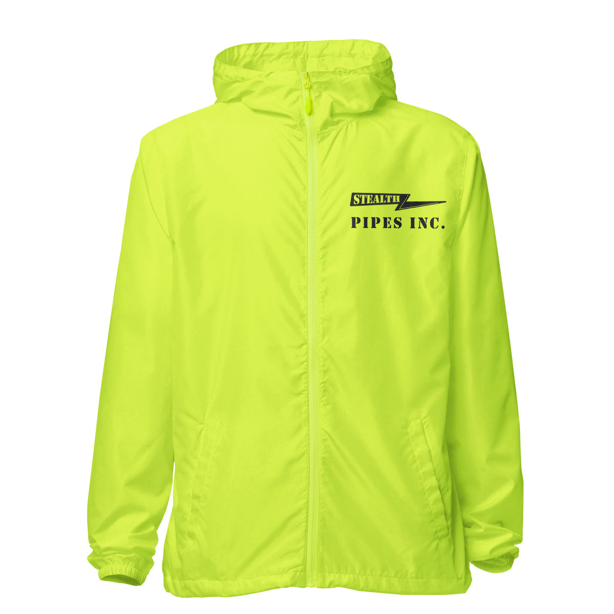A high-visibility yellow windbreaker with 'STEALTH RIDER' text on the back, featuring a hood, zippered front, and welt pockets., photo 23 of 24