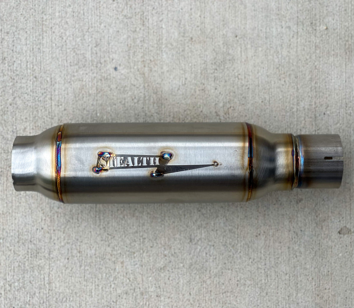 Stealth Pipes Pipe Bomb Muffler – TIG-welded stainless muffler with engraved logo detail, photo 4 of 9