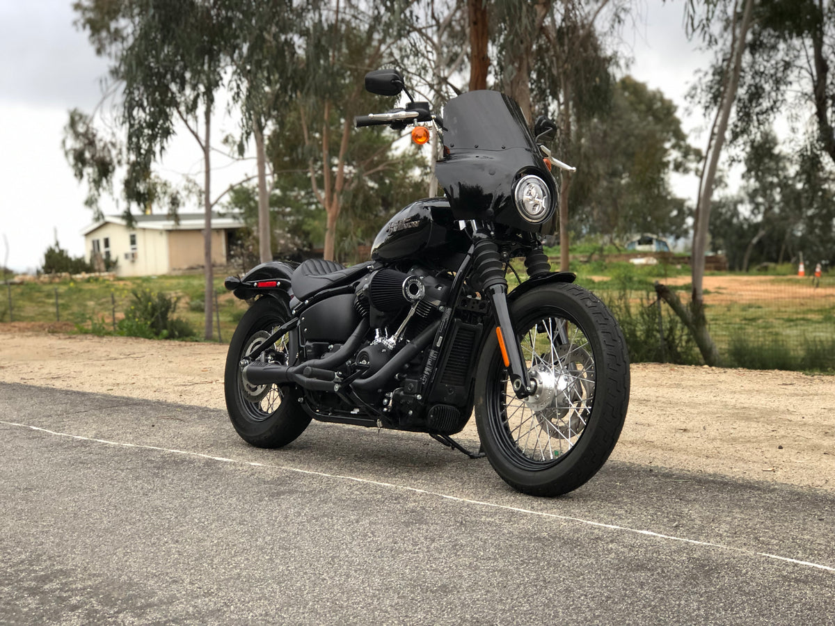 Stealth Pipes exhaust system installed on Harley M8 Softail – front-side view of muffler and headers (2017–2025), photo 8 of 36