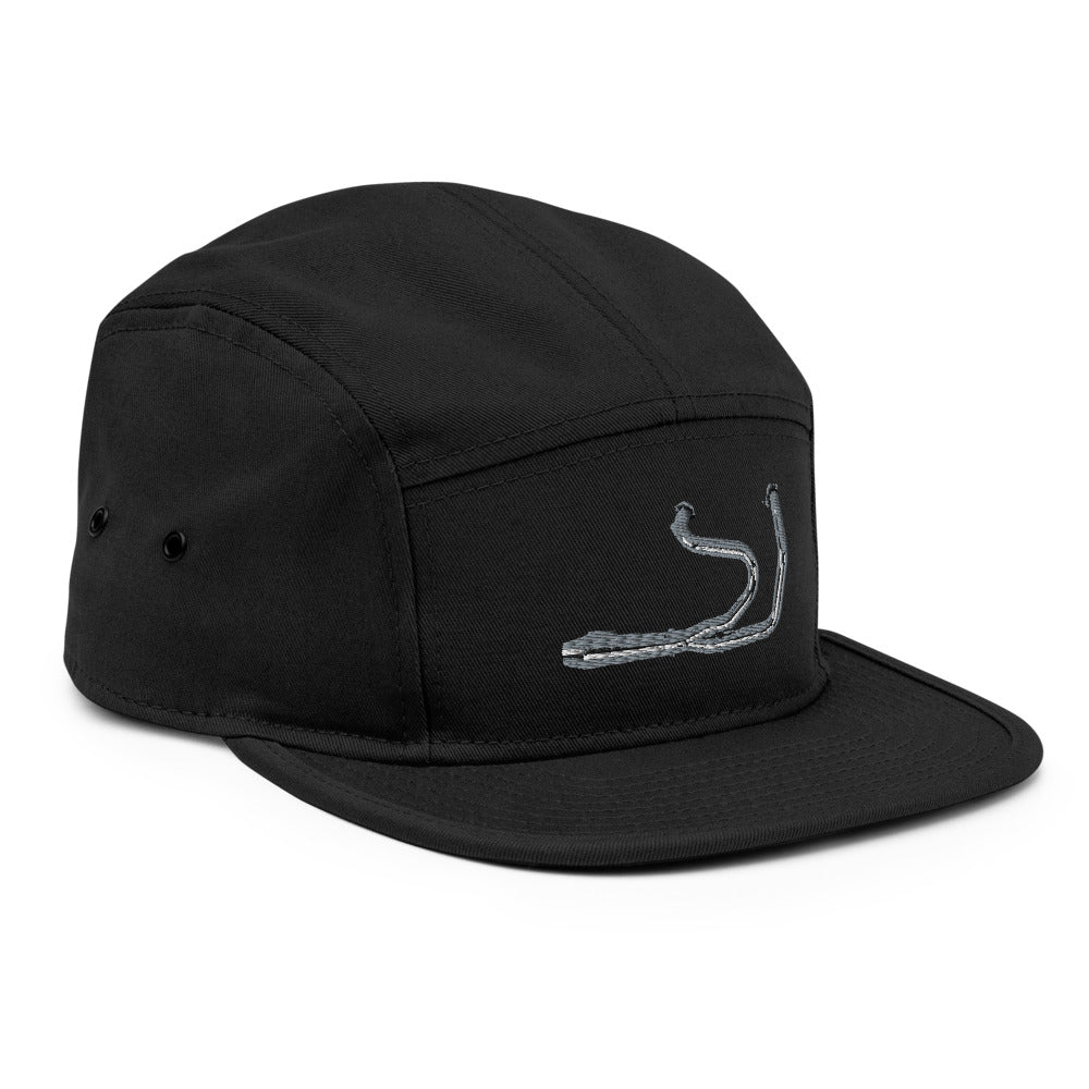 Side view of black 5 panel camper cap showing flat brim and logo embroidery, photo 2 of 12
